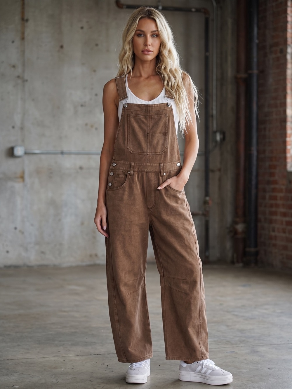 Washed Brown Eesome Barrel Horseshoe Jumpsuit Overalls - Picture 5 of 9